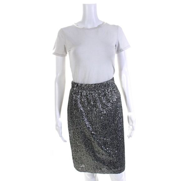 Tahari Womens Embroidered Sequined Back Zipped Slip-On Midi Skirt Silver Size M - Picture 1 of 6